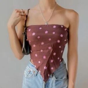Urban Outfitters Brown Floral Strapless Blouse Scarf Tie Top